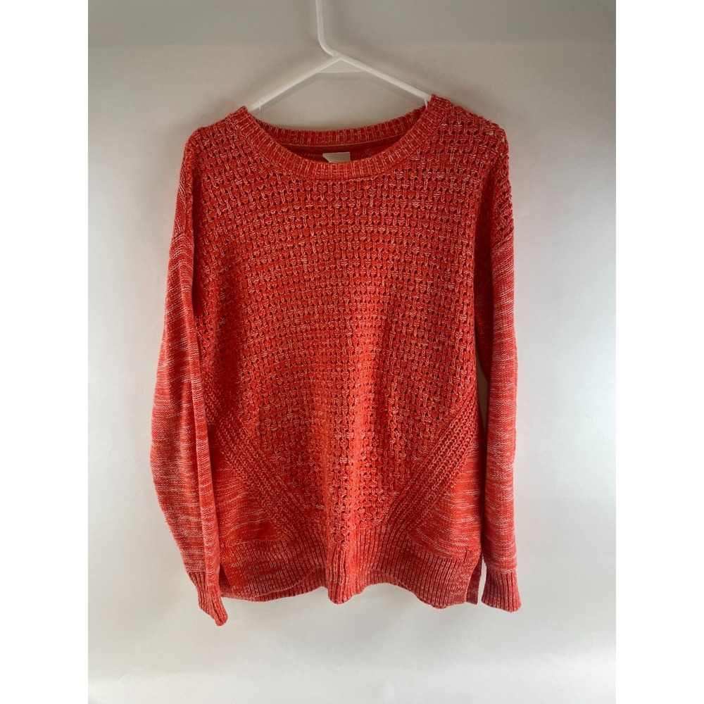 Stylus Sweater Women's Size Large Orange White Loose Knit Pullover Semi Lace